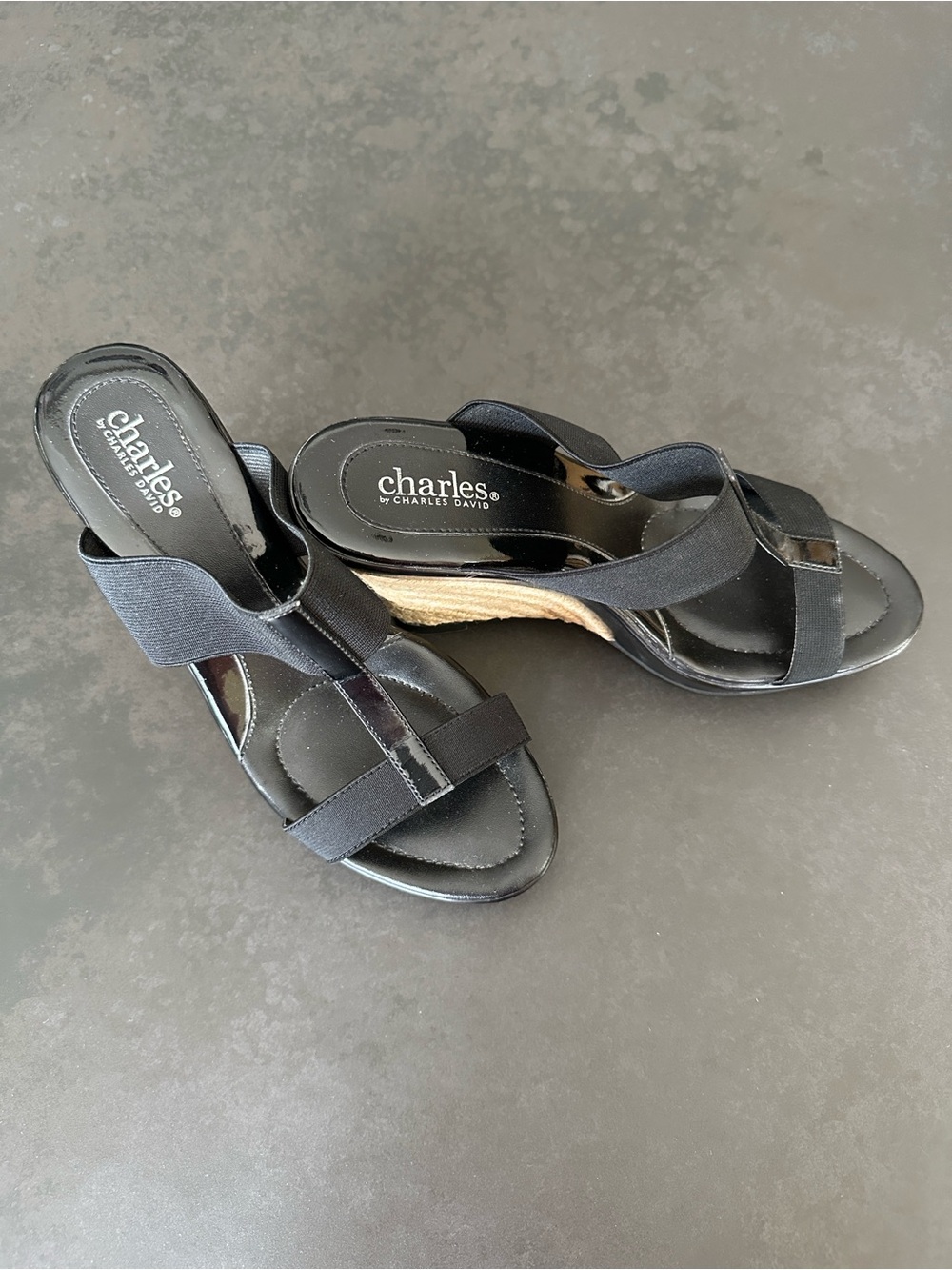 Charles by Charles David Black Elastic Strap Wedge Sandals never worn!